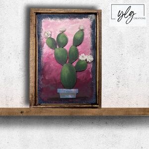 Cactus Mixed Media Wall Art Saguaro Flowers Pink Sky Desert Wood Arizona 6 x 8